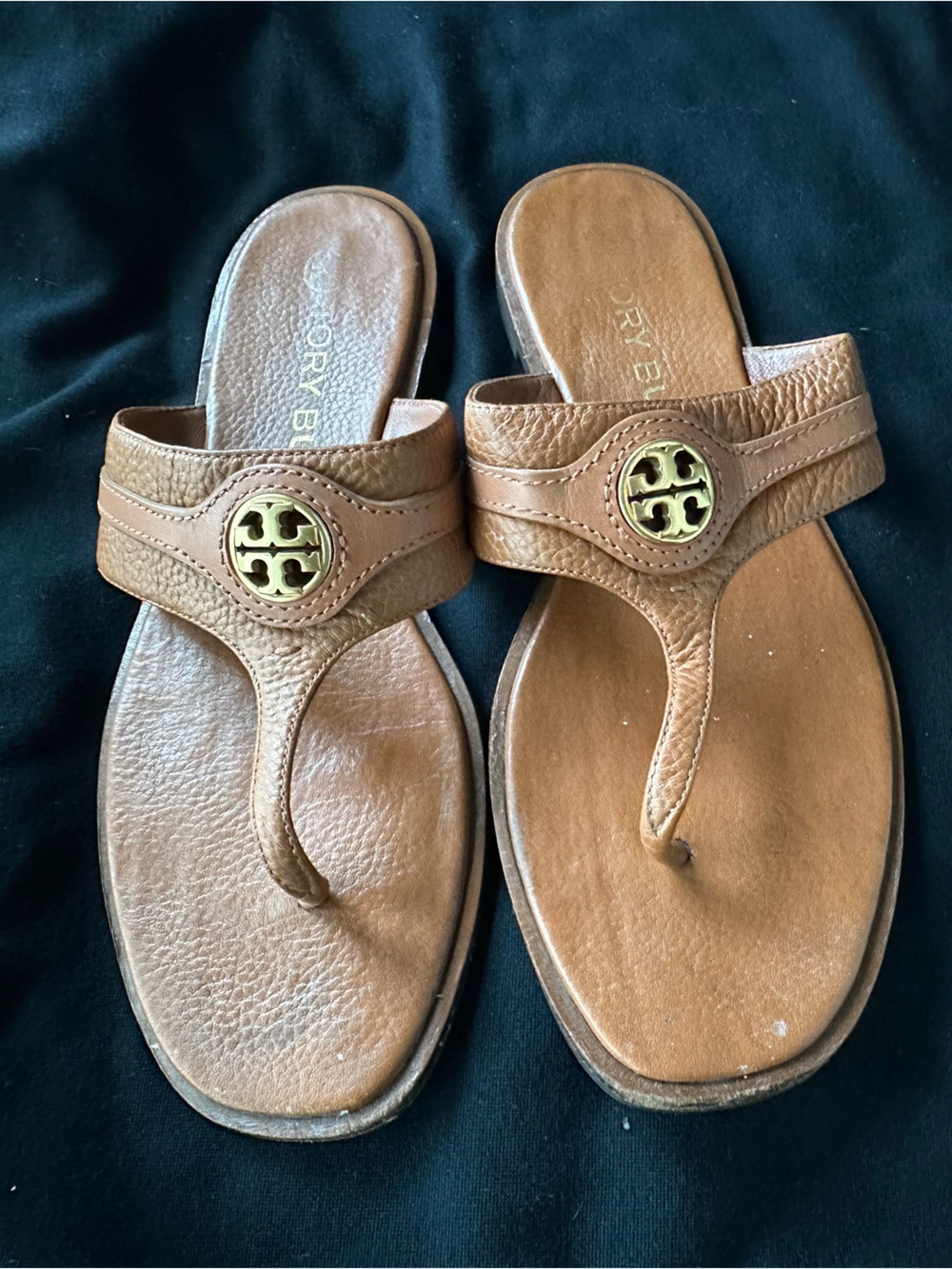 Tory Burch Tan Leather Logo Thong Sandals